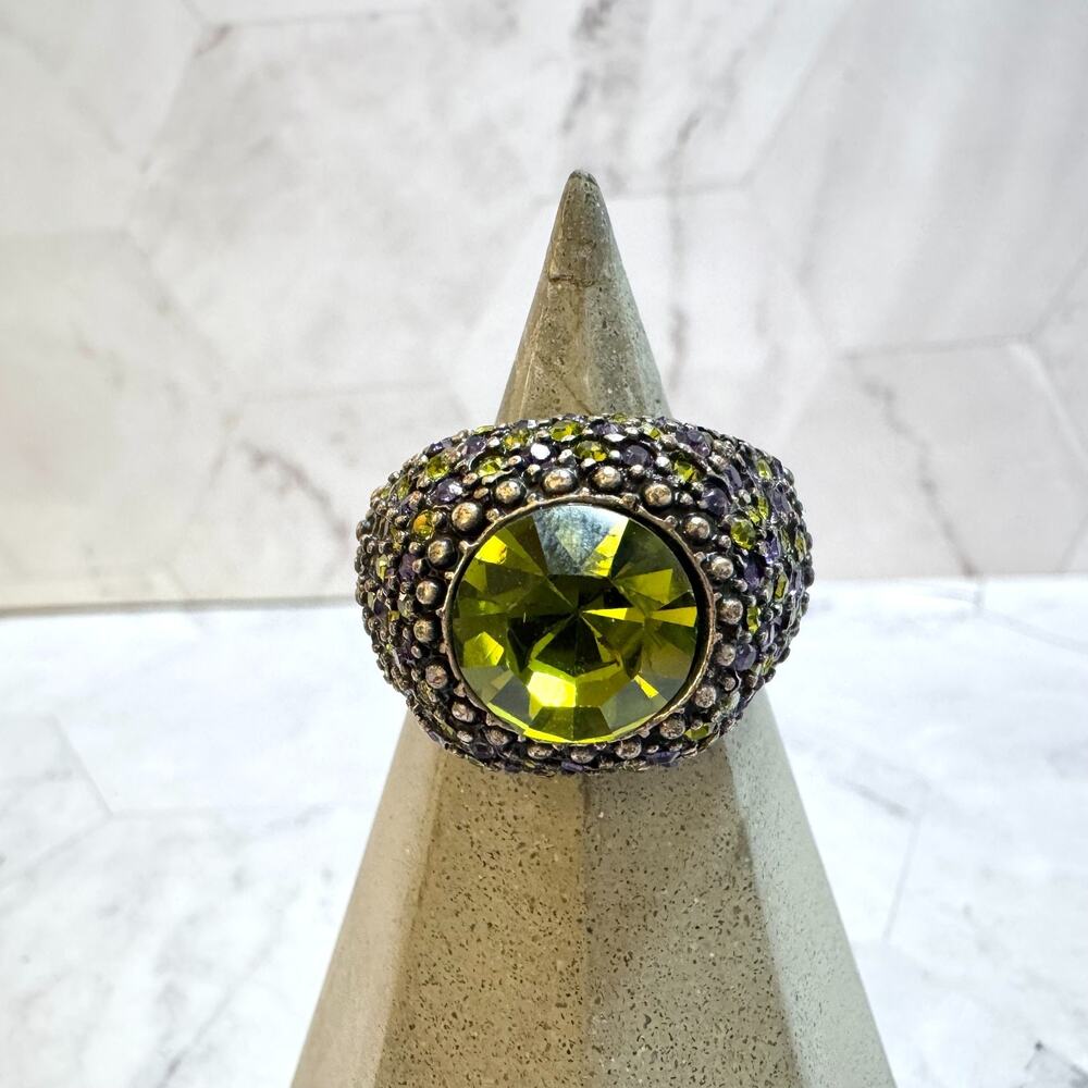 Large Green Rhinestone Cocktail Ring Pavé Purple & Green Gunmetal Size 6.5-8